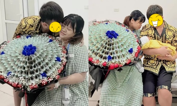 Sinh con xong, vợ được chồng đến thăm tặng bó hoa "đầy mùi tiền" Sinh con xong, vợ được chồng đến thăm tặng bó hoa "đầy mùi tiền"